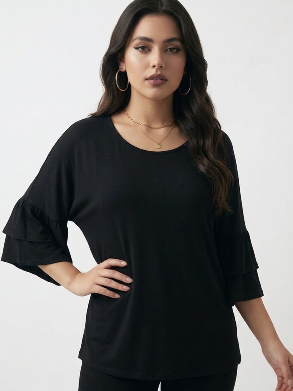 ZENANA PREMIUM | Ruffle Sleeve Black Top Large